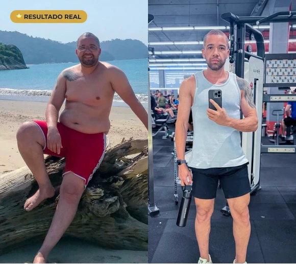 Dr. Leonardo Passarelli com paciente feliz após emagrecimento — resultado real de tratamento endocrinológico