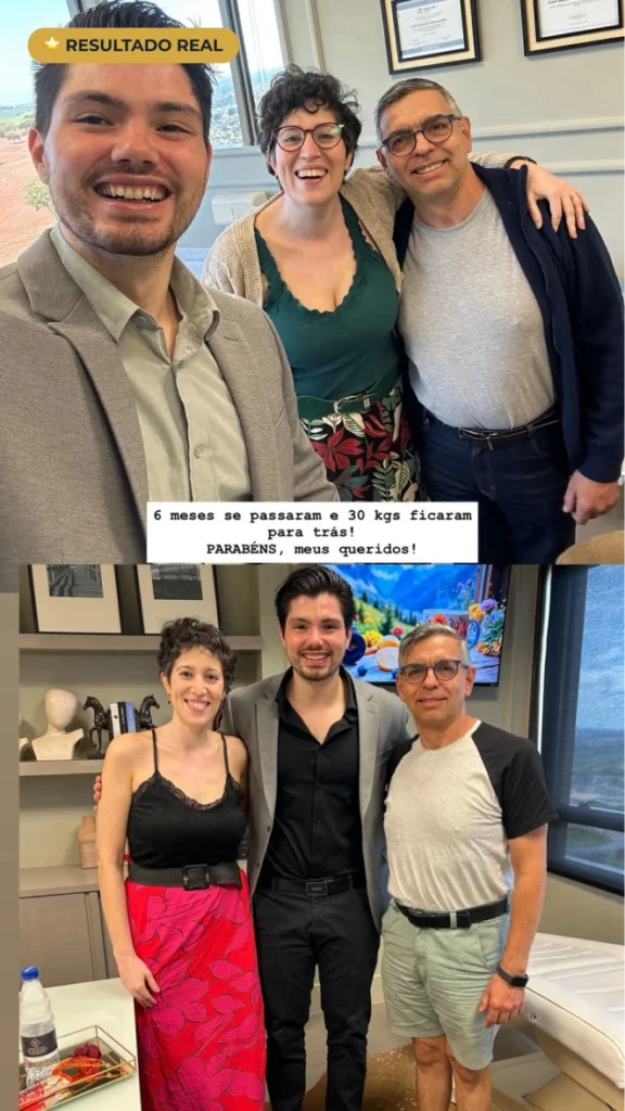 Dr. Leonardo Passarelli com casal de pacientes felizes após emagrecimento — resultado real de tratamento hormonal